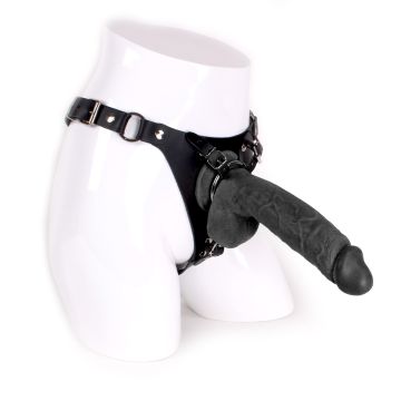 Leder Strap On Inklusive Schwarzer Dildo Mit Hoden - 24 cm